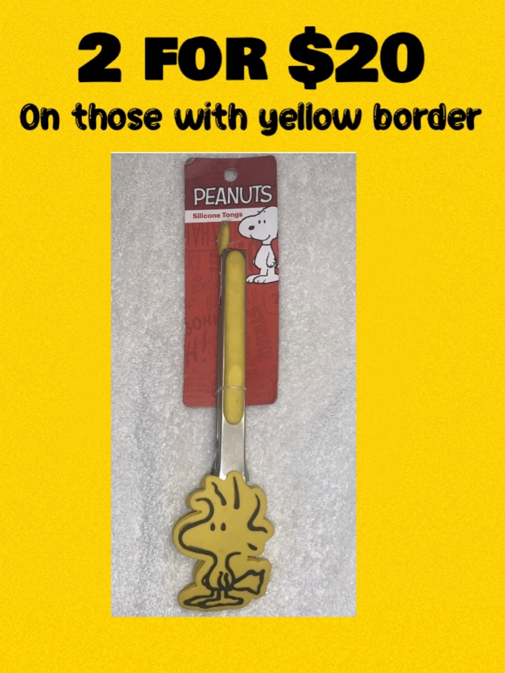 Peanuts Snoopy WOODSTOCK Yellow Kitchen Silicone Metal Tongs Heat Resistant NWT